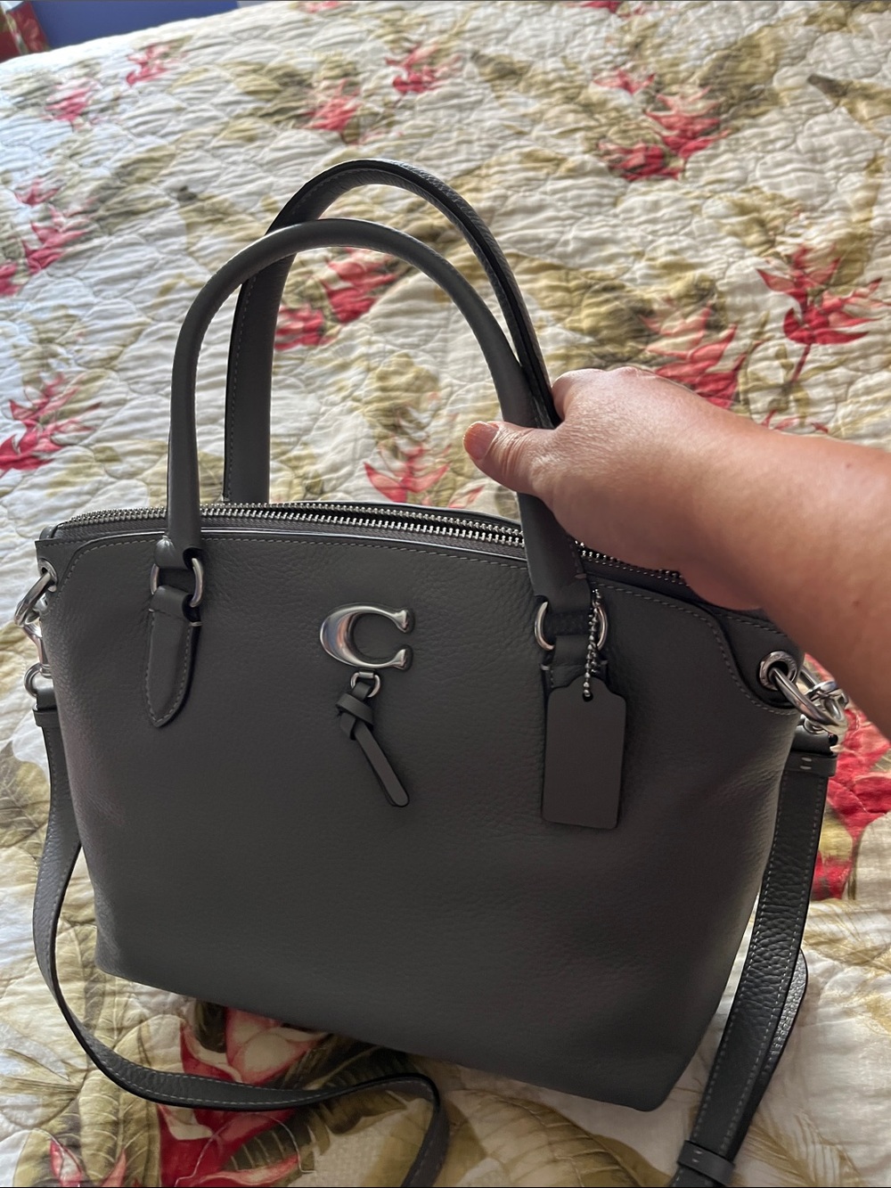 Coach Gray Pebbled Leather Satchel with Silver Hardware